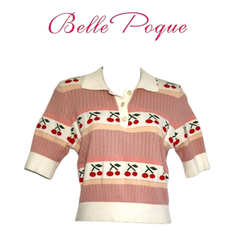 Belle Poque - Cherry Print Collared Knit Top